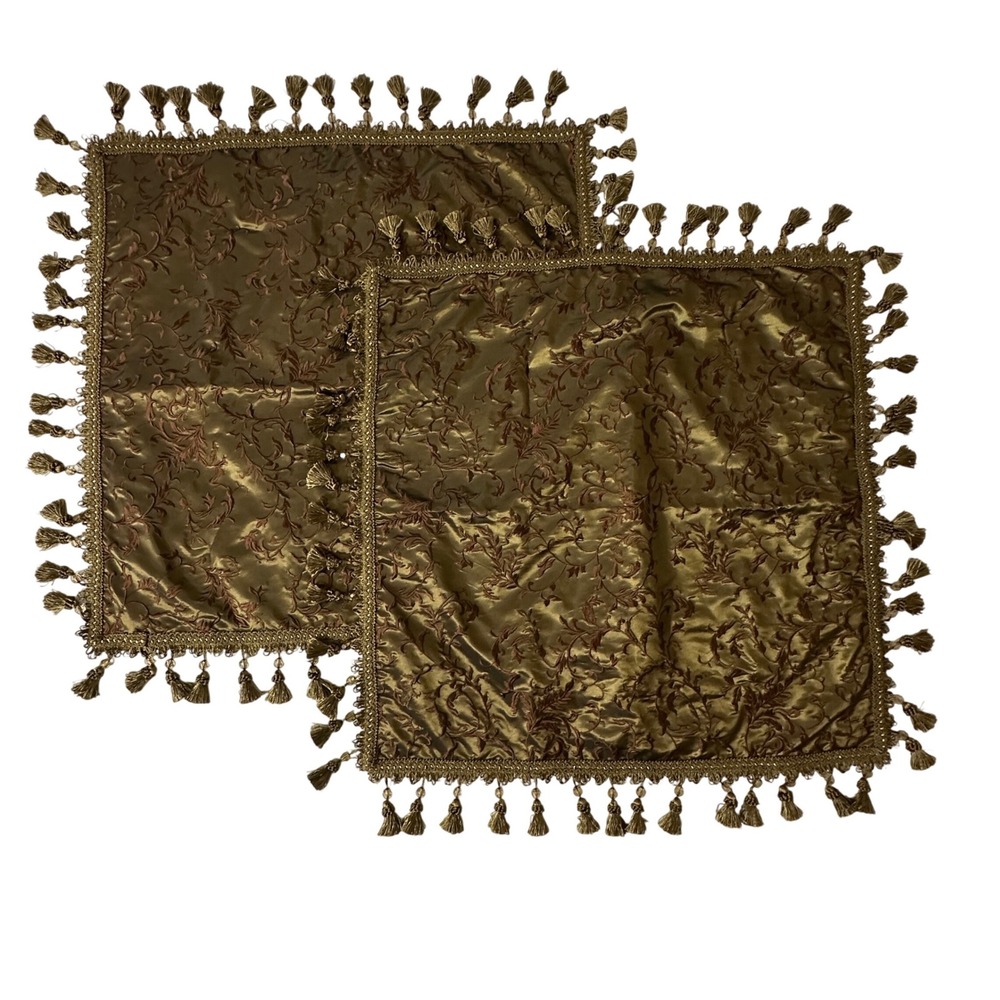 Michael Amini Pontevedra Euro Pillow Shams Set 2 Olive Gold Tassel Trim 26x26
